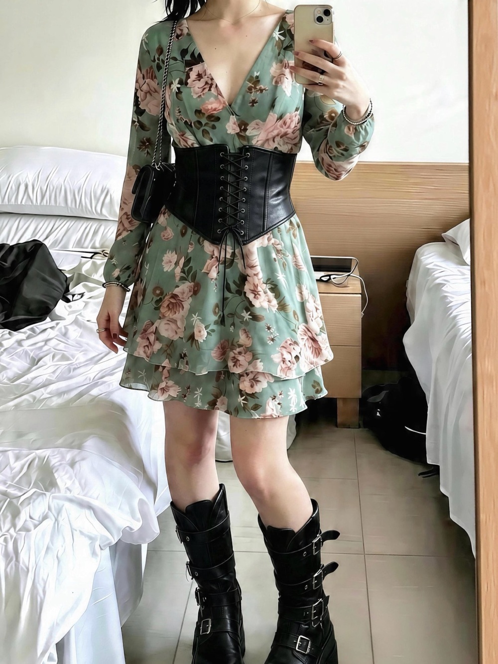 Fairycore Sage Green Floral Long Sleeve Mini Dress - Vintage Bohemian Style Flor